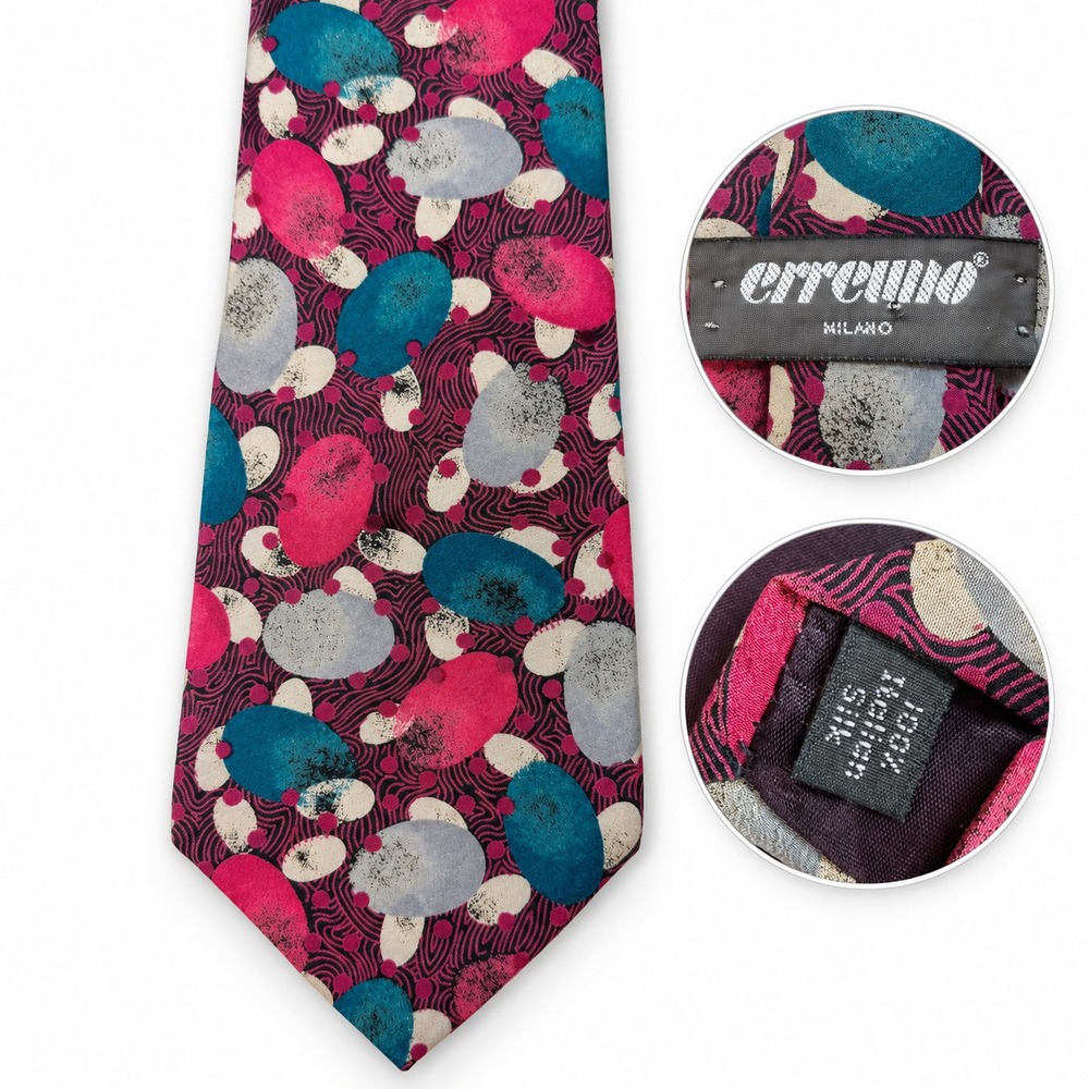 Erreuno Milano Tie Mens OS Abstract Oval Pattern Multicolor 100% Italian Silk